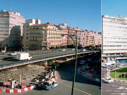 A la izquierda, inicio de las obras de desmontaje del paso elevado de Cuatro Caminos, en enero de 2004. A la derecha, el balcón de Pedro Miguel Lucía sin scalextric.