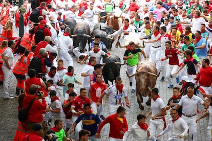 The bulls of Fuente Ymbro, during the first running of the bulls of San Fermín this year.