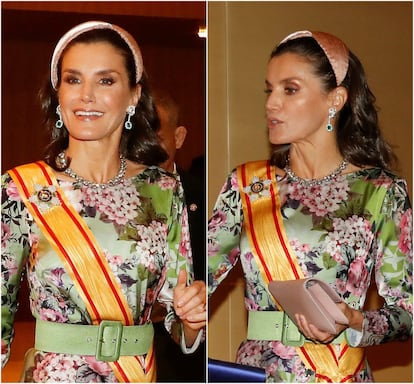 Para la entronización del emperador japonés Naruhito, celebrado este martes, la reina Letizia ha añadido a su vestido, diseñado por Matilde Cano, una diadema de terciopelo rosa palo de la sombrerera sevillana Nana Golmar.