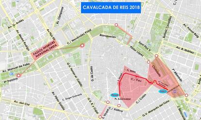 Plano del recorrido de la Cabalgata de Reyes Magos 2018 en Valencia. Fuente: Ayuntamiento de Valencia