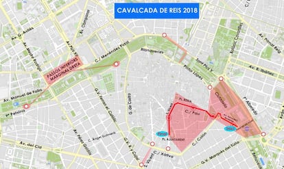 Plano del recorrido de la Cabalgata de Reyes Magos 2018 en Valencia. Fuente: Ayuntamiento de Valencia