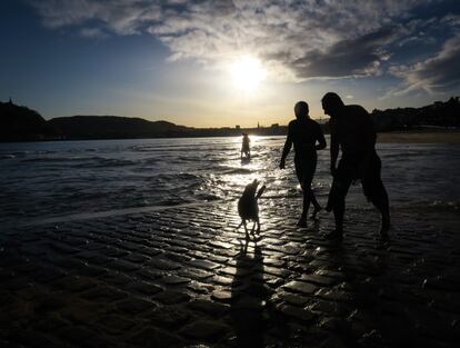 Un perro pasea con sus dueños en la playa de Ondarreta de San Sebastián (España), el 6 de abril de 2018.