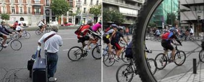 A la izquierda, un viajero observa el paso de los ciclistas. Un grupo de deportistas pasa por la calle de O'Donnell.