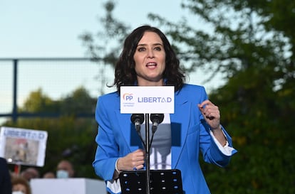 La candidata del PP a la presidencia de la Comunidad de Madrid, Isabel Díaz Ayuso, durante el acto de campaña celebrado este jueves en Madrid.