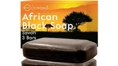 La imagen muestra el packaging, la caja y las pastillas del jabón negro africano.