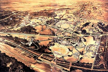 Perspectiva ideal de la Ciudad Universitaria de Madrid, tal y como se planificó en el año 1928. Imagen del libro <i>75 años de la Ciudad Universitaria de Madrid</i>.