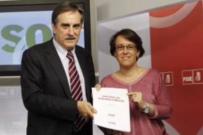 El coordinador del área económica del PSOE, Valeriano Gómez, y la secretaria de Igualdad, Purificación Causapié. EFE/Archivo