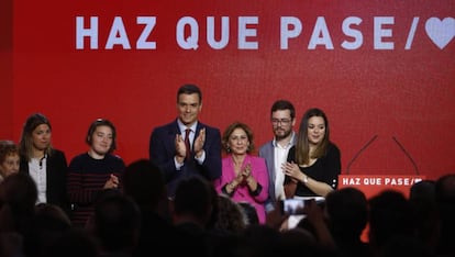 Pedro Sánchez en la presentación del lema de la campaña electoral.