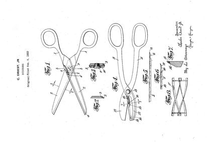 Patente de dos modelos de tijeras, presentada por Charles Driest en 1922. |