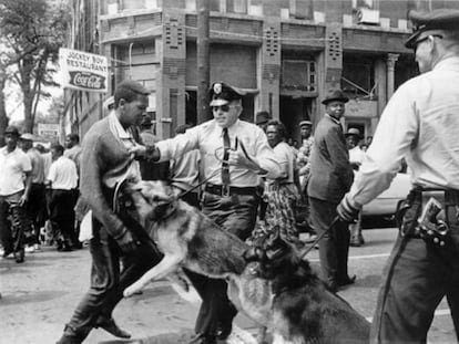 Um negro é atacado por um cachorro da polícia no Alabama, em 1963.