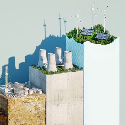 Digital generated image of sustainable growing bar chart made out of cubes and multiple environments showing transforming process from coal industry to green energy. Sustainability data concept.