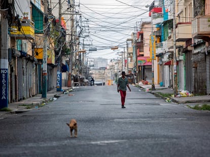 Un hombre y un perro en una calle de Santo Domingo, el 12 de abril