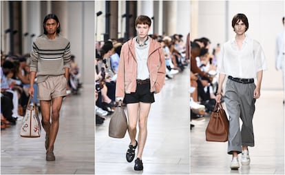Tres de las propuestas presentadas en el desfile de Hermès, el 24 de junio en la semana de la moda masculina de París.