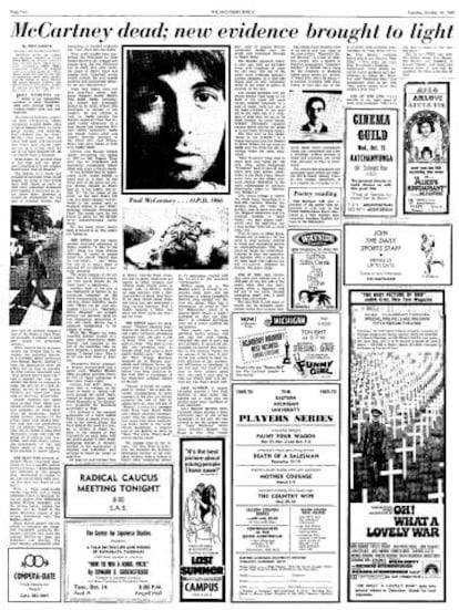 Recorte del 'Michigan Today' donde aseguraban que Paul había muerto. El titular dice: "McCartney muerto. Nuevas evidencias salen a la luz".