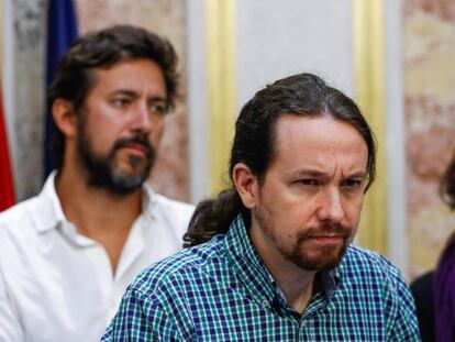 GRAF7219. MADRID, 20/09/2018.- El secretario general de Podemos, Pablo Iglesias, durante la rueda de prensa ofrecida al término del pleno celebrado hoy en el Congreso. EFE/Emilio Naranjo