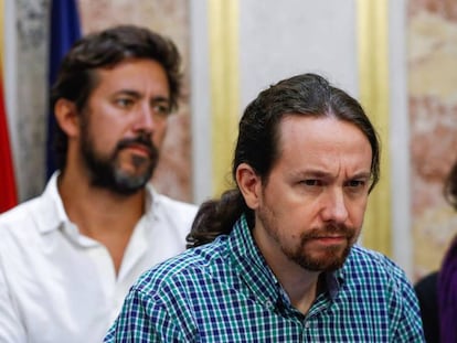 GRAF7219. MADRID, 20/09/2018.- El secretario general de Podemos, Pablo Iglesias, durante la rueda de prensa ofrecida al término del pleno celebrado hoy en el Congreso. EFE/Emilio Naranjo