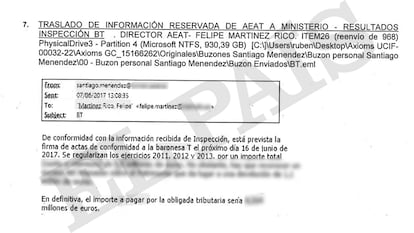 Captura del sumario del 'caso Montoro' que muestra como se enviaba desde la Agencia Tributaria  información fiscal al Director de Gabinete del Ministro. En la imagen, intercambio de información sobre la Baronesa Thyssen, Carmen Cervera