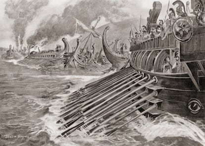 La batalla naval de Egospótamos (405 a. C.), en la Guerra del Peloponeso, donde Esparta derrotó a Atenas y dio paso a una guerra civil entre los perdedores, grabado de la 'Historia de las Naciones' (1915), de Hutchinson. (Foto: Archivo Histórico Universal / Grupo de Imágenes Universal / Getty Images)
