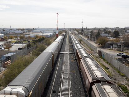 Stranded freight trains are seen at a railroad yard after U.S. authorities closed rail bridges in Eagle Pass and El Paso, Texas, December 20, 2023.