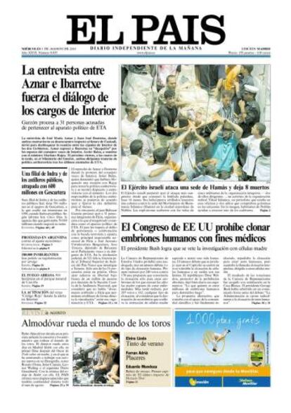 Portada de EL PAÍS del 1 de agosto de 2001.