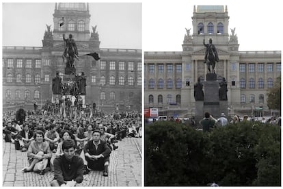 En la imagen de la izquierda, manifestantes se sientan en la plaza de Wenceslao de Praga el 24 de agosto de 1968 en protesta por la ocupación soviética. En la imagen de la derecha, turistas fotografían la plaza de Wenceslao, el 16 de agosto de 2018.