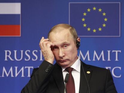 Vladimir Putin ao término da cúpula UE-Rússia, em Bruxelas, em janeiro.