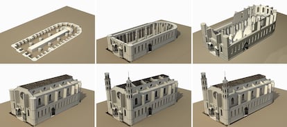 Secuencia constructiva de Santa Maria del Mar, desde los cimientos, el primer nivel de capillas laterales, el inicio del segundo nivel, comenzando desde el ábside, la formación de una cubierta de madera y el cierre de las bóvedas y la iglesia terminada.