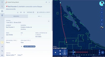 Ruta de la embarcación Red Rooster III desde su salida del puerto de San Diego hasta su entrada al polígono de protección del Parque Nacional Revillagigedo y llegada a Isla Clarión por la plataforma Global Fishing Watch.