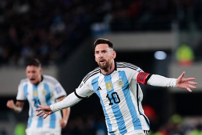 Argentina's Lionel Messi, celebrates scoring his side's first goal against Ecuador during a qualifying soccer match for the FIFA World Cup 2026, at Monumental stadium in Buenos Aires, Argentina, Thursday, Sept. 7, 2023.