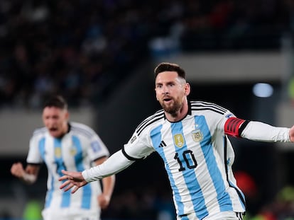 Argentina's Lionel Messi, celebrates scoring his side's first goal against Ecuador during a qualifying soccer match for the FIFA World Cup 2026, at Monumental stadium in Buenos Aires, Argentina, Thursday, Sept. 7, 2023.