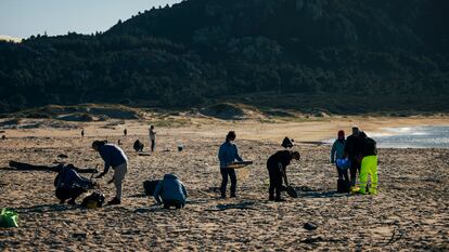 Un grupo de voluntarios, durante la quedada para la limpieza de los 'pellets' en la playa de Area Maior en Muros (A Coruña), el 7 de enero.