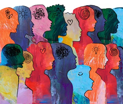 Illustration depicting a large group of diverse people with different states and thoughts.