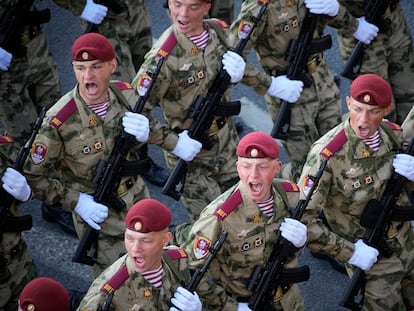 Russian soldiers march toward Red Square to attend a Victory Day military parade in Moscow, Russia, Tuesday, May 9, 2023, marking the 78th anniversary of the end of World War II. (AP Photo/Alexander Zemlianichenko)