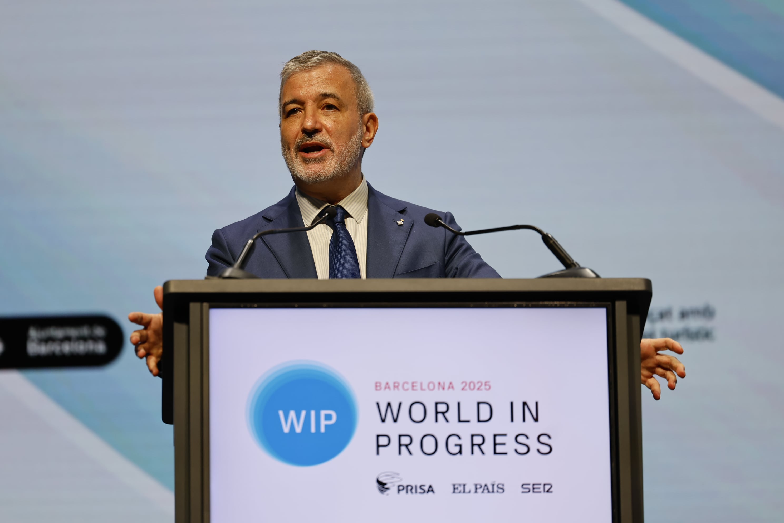 El alcalde de Barcelona, Jaume Collboni, durante la inauguración del foro WIP que organiza el Grupo PRISA. 