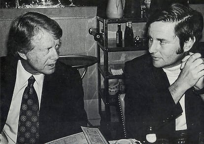 Associated Press Special Correspondent Walter R. Mears, right, talks with presidential candidate Jimmy Carter in Concord, N.H., before the New Hampshire primary election in 1976.