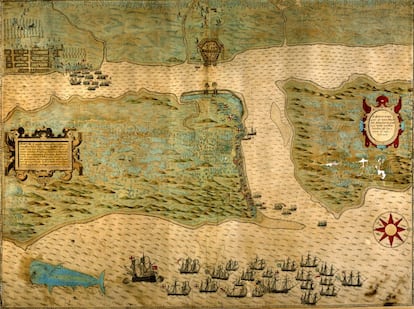 A map depicting Sir Francis Drake’s attack on St. Augustine on the Florida peninsula.