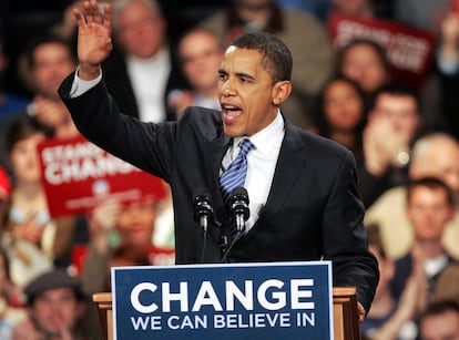 Democratic presidential hopeful, Sen. Barack Obama D-Ill., celebrates with his supporters after his victory in the Iowa caucus Jan. 3, 2008, in Des Moines, Iowa.