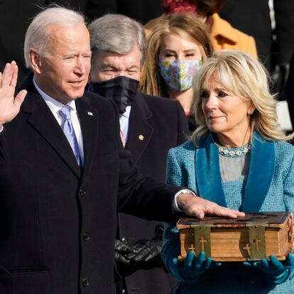 Joe Biden is sworn in as the 46th president of the United States by Chief Justice John Roberts as Jill Biden holds the Bible during the 59th Presidential Inauguration at the U.S. Capitol in Washington, Wednesday, Jan. 20, 2021. (AP Photo/Andrew Harnik)