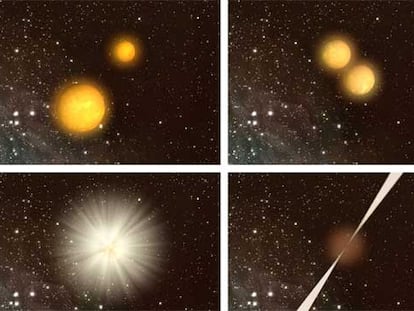 Ilustración de la teoría en la que dos estrellas de neutrones (arriba, izquierda) que se acercan (arriba, derecha), chocan (abajo, izquierda) y, al fusionarse (abajo, derecha), originan un estallido breve de rayos gamma.