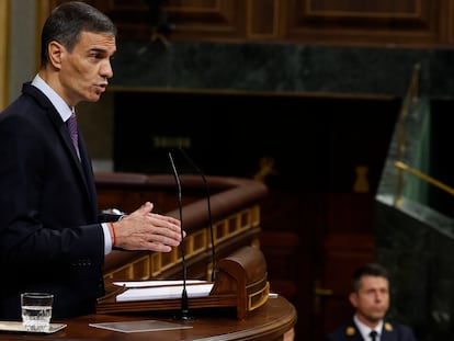 MADRID, 09/07/2025.- El presidente del Gobierno, Pedro Sánchez interviene en el pleno del Congreso de los Diputados este miércoles. EFE/ Javier Lizón