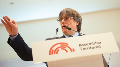 El expresidente catalán Carles Puigdemont durante una intervención en la Asamblea Territorial del Consell de la República el 1 de marzo.
