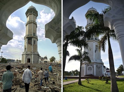 Imagen combinada que muestra los restos del tsunami en torno a la Mezquita de Baiturrahaman en la ciudad indonesia de Banda Aceh en la isla de sumatra, uno de los lugares más golpeados por el maremoto. Los edificios situados junto al templo islámico resultaron gravemente dañados por el desastre de 2004. Las imágenes están hechas el 28 de diciembre de 2004, dos días después del terremoto y el 27 de noviembre de 2014.