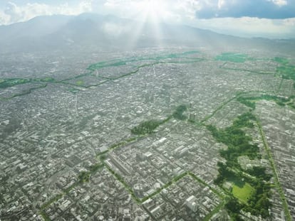 Vista aérea de San José con el trazado del proyecto de rutas naturbanas.