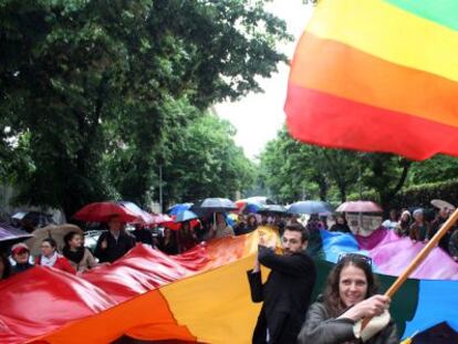 Varios activistas sostienen banderas alusivas a la comunidad LGBT.  