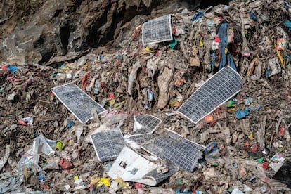 A view of discarded solar panel components at the Gioto dumping site