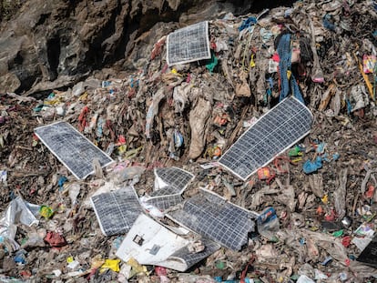 A view of discarded solar panel components at the Gioto dumping site. The rising production of solar panels is expected to contribute to a surge in electronic waste.