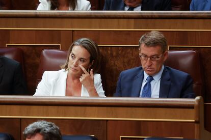 El líder del PP, Alberto Núñez Feijóo, y la secretaria general de la formación, Cuca Gamarra, durante la sesión constitutiva de las Cortes.