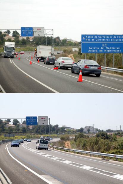 La carretera 340 entre Barcelona y Tarragona, a la altura de La Móra, ha mejorado la señalización y la separación de carriles para evitar accidentes en la salida de Altafulla, como muestra la imagen inferior. Arriba, el mismo punto antes de las modificaciones.
