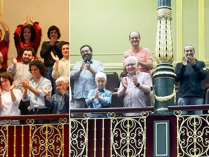 En la imagen de la izquierda, representantes de colectivos LGTBI, en la tribuna del hemiciclo del Congreso de los Diputados, aplaudiendo tras la aprobación de la ley sobre el matrimonio homosexual el 21 de abril de 2005. En la de la derecha, miembros de colectivos LGTBI repiten la foto este martes en el mismo emplazamiento.