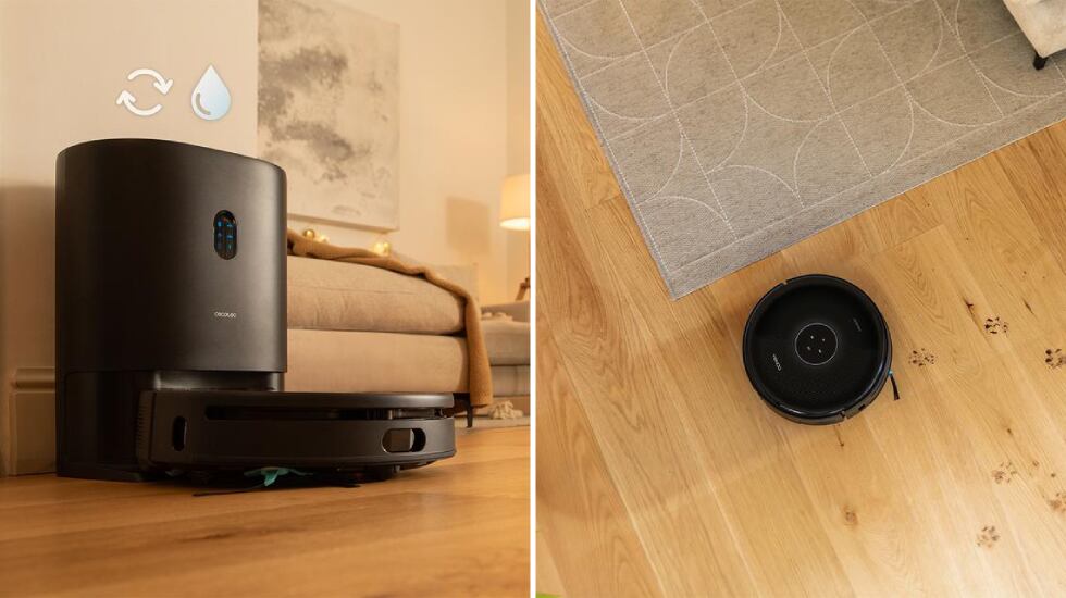 Robot aspirador y friegasuelos con base de autovaciado.